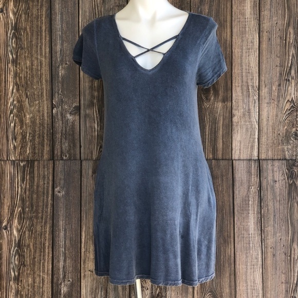 UMGEE Small Dress Cross Strap V-neck Blue Tee Shirt Pockets - Picture 1 of 12